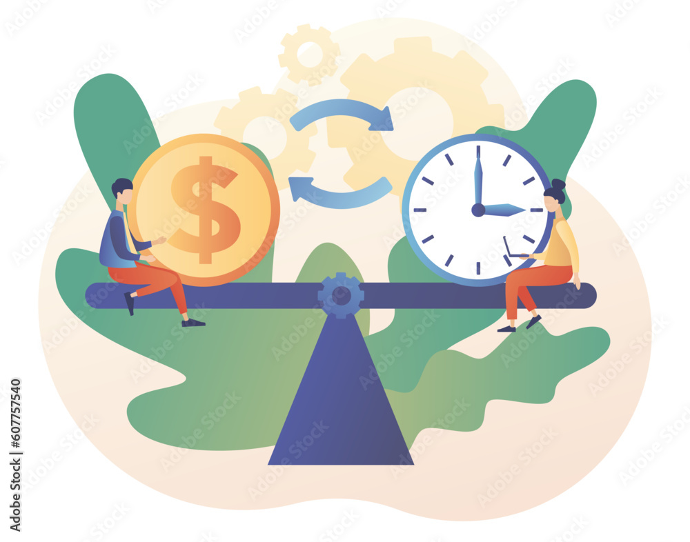 Time is money. Money and time balance on scale weighing. Business concept. Time management. Modern flat cartoon style. Vector illustration on white background
