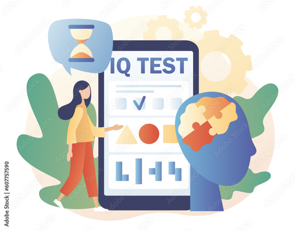 IQ test. Tiny woman determine cognitive abilities in smartphone app. Intelligence Quotient. Modern flat cartoon style. Vector illustration on white background