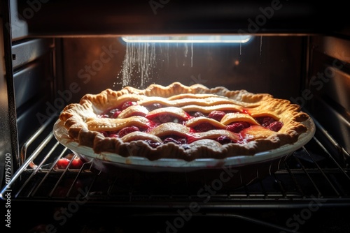 cherry pie baking in the oven, with a golden crust and red juices visible through the window, created with generative ai