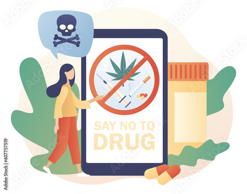 International day against drug abuse. Say no to drug. Addiction treatment, narcotic addict medication. Modern flat cartoon style. Vector illustration on white background
