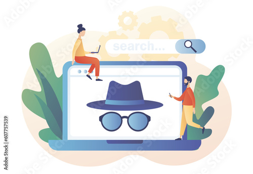 Incognito mode concept. Anonymous search on laptop. Browse in private. Online privacy and personal data protection. Confidential information. Modern flat cartoon style. Vector illustration