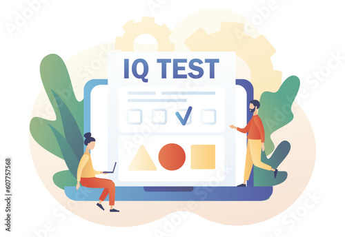 Tiny people determine cognitive abilities online. IQ test. Intelligence Quotient. Modern flat cartoon style. Vector illustration on white background