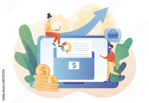Tiny people with stock portfolio planning invest strategy, savings and budgets. Investment portfolio online. Diversified assets. Financial management concept. Modern flat cartoon style. Vector 