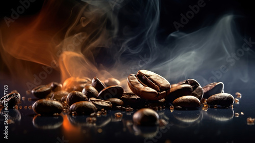 hot coffee bean accompanied with smoke and smoke. Generative Ai
