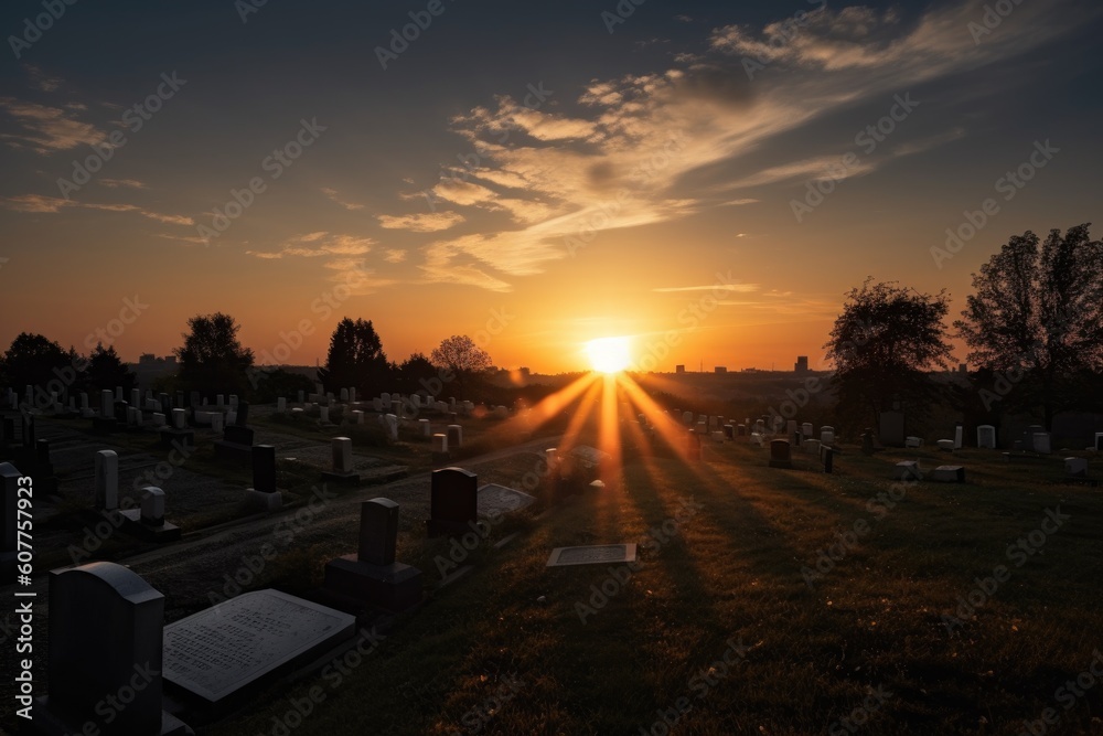 cemetery at dusk, with the sun setting over the horizon and a clear sky, created with generative ai