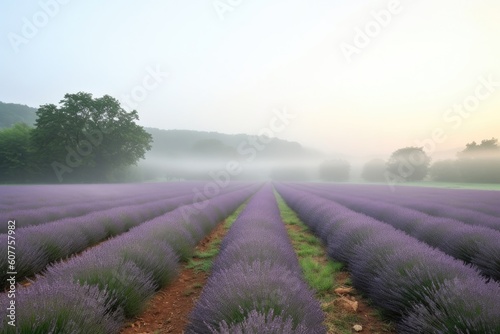 lavender field in the morning, with mist rising off the fields, created with generative ai