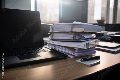 close-up of laptop with files and papers on desk, created with generative ai