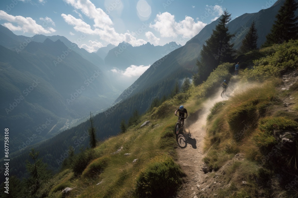 bikers ascending steep mountain trail, with view of breathtaking scenery, created with generative ai