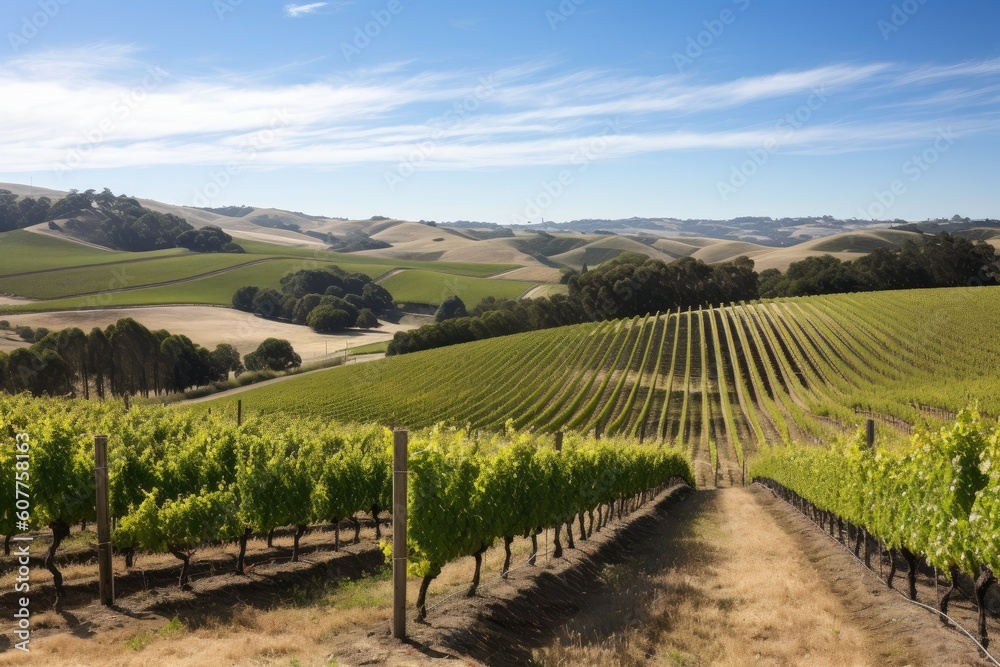 vineyard with rows of grape vines and rolling hills in the background, created with generative ai