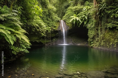 waterfall cascading into tranquil lagoon, surrounded by lush greenery, created with generative ai