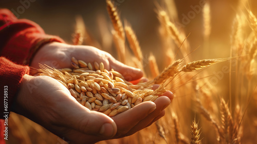 The hands of a farmer close up pour a handful of wheat grains in a wheat field. Generative Ai