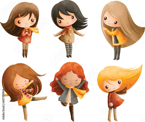 Watercolor Illustration set of cute little girl wearing autumn cloth and shawl