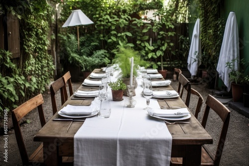 outdoor dining table  set with white linens and silverware  surrounded by greenery  created with generative ai