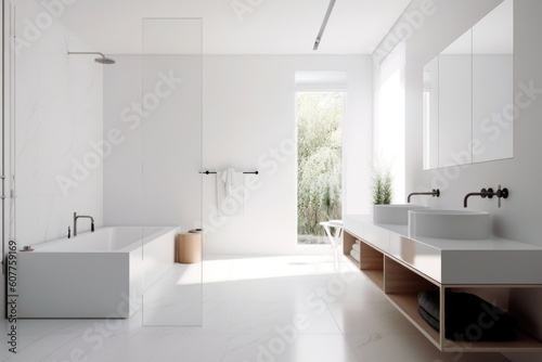 a white, minimalist bathroom with simple accessories and sleek fixtures, created with generative ai