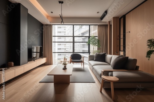 modern japanese style apartment  with minimalist decor  sleek furnishings and floor-to-ceiling windows  created with generative ai