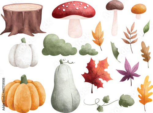 Watercolor Illustration set of pumpkin, mushroom and autumn leaves