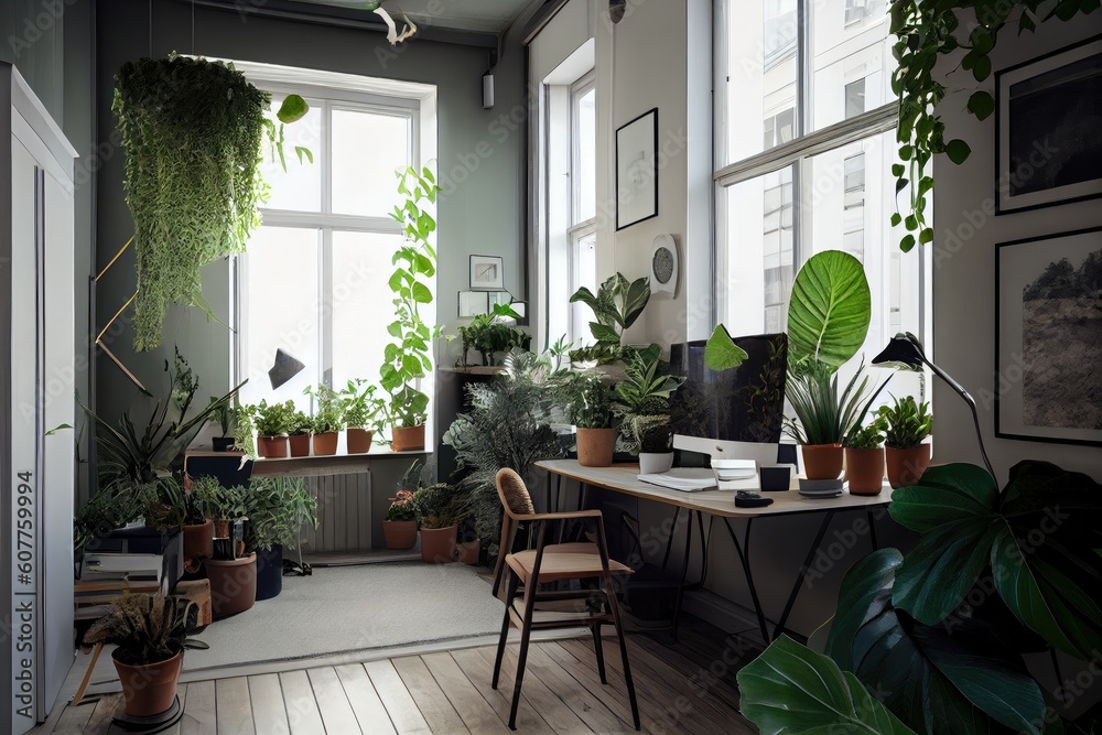 office with windows and natural light, and plants for greenery, created with generative ai office with windows and natural light, and plants for greenery, created with generative ai