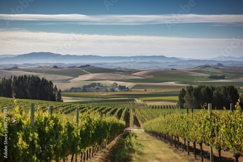 vineyard with rolling hills and distant mountains in the background  created with generative ai