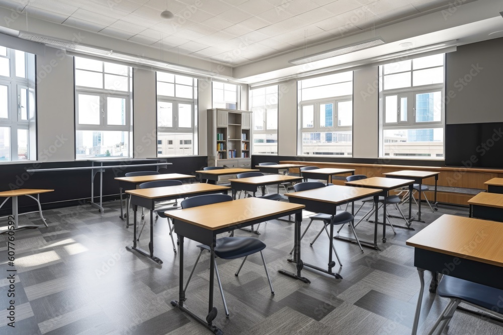 empty classroom with sleek and modern furniture for modern learning environment, created with generative ai empty classroom with sleek and modern furniture for modern learning environment, created with generative ai