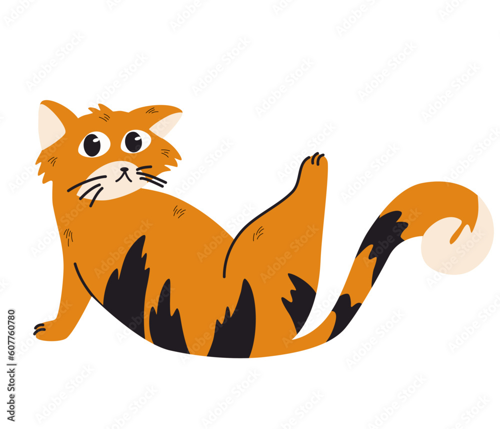 Cute Ginger cat. Lovely kitten. Funny friendly domestic animal, pet. Childish Vector flat illustration isolated on the white background.