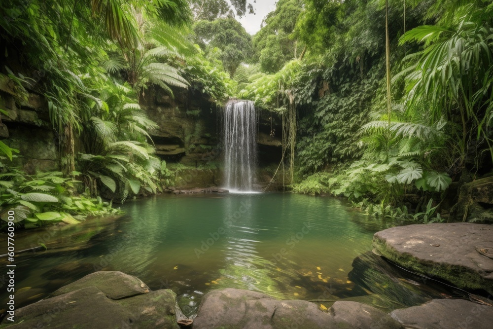 majestic waterfall cascading into tranquil pool, surrounded by lush greenery, created with generative ai