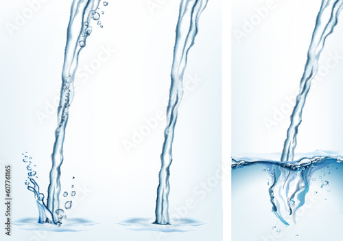 Collection of transparent realistic vector water jet streams and splashes on light background 