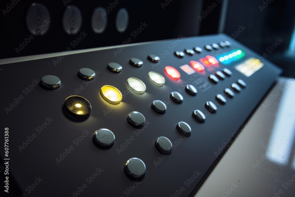 close-up of panel with lights and buttons for controlling the home's various appliances, created with generative ai close-up of panel with lights and buttons for controlling the home's various appliances, created with generative ai