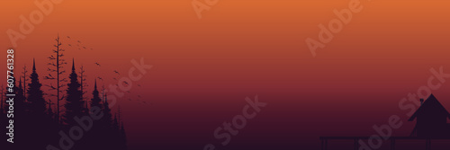 sunset with silhouette landscape flat design vector illustration good for web banner, blog banner, wallpaper, background template, adventure design, tourism poster design, backdrop design