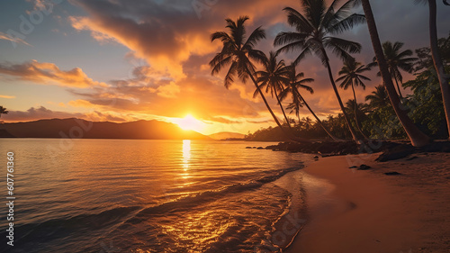 Paradise beach sunset or sunrise with tropical palm trees. Generative Ai