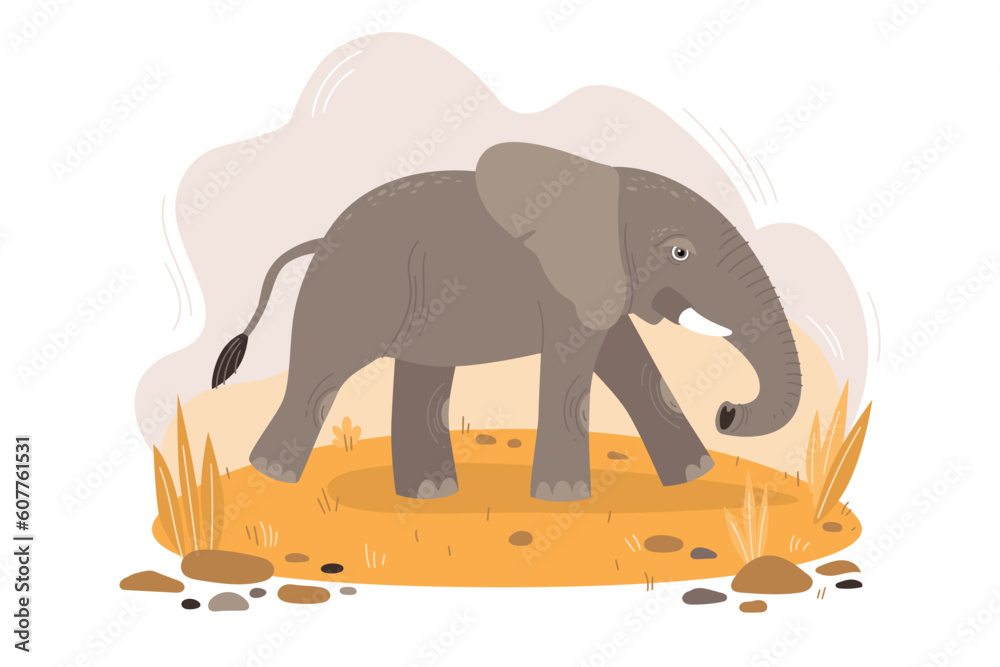 Obraz premium The cartoon elephant walks along the yellow savannah. Fairy African animal. Design element for postcards, books, textiles. Colorful vector illustration in flat style.