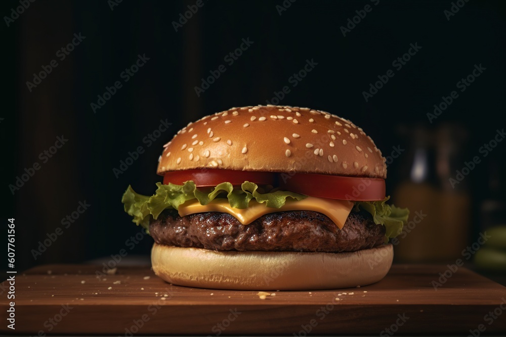 hamburger on a wooden table on a black background. quick snack. generative ai, hamburger on a wooden table on a black background. quick snack. generative ai,