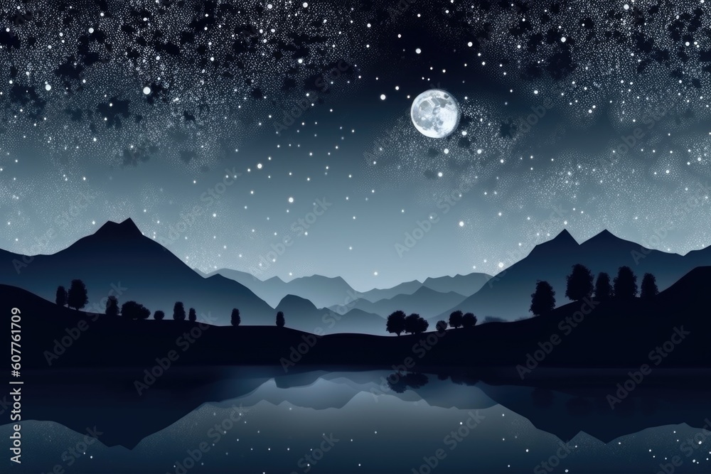 abstract and surreal landscape with the moon shining above, surrounded by stars, created with generative ai