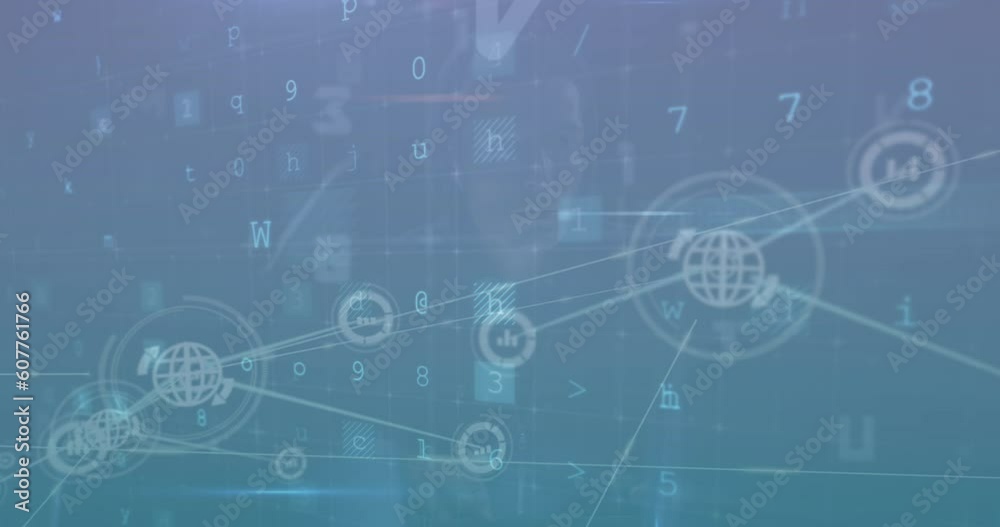 Animation of connected icons over texts, letters, numbers and symbols against blue background