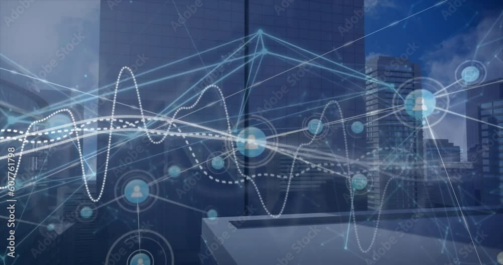 Animation of graphs over connected icons and modern buildings against cloudy sky Animation of graphs over connected icons and modern buildings against cloudy sky