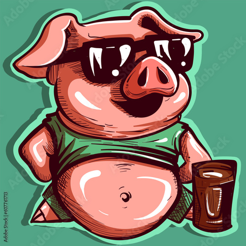Digital art of a pig on a tropical beach vacation. Vector of a humanized piglet with sunglasses and a belly sticking out of his shirt, drinking a glass of soda.