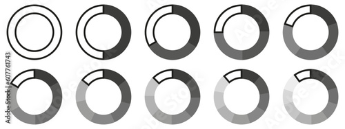 Circles divided diagram 3, 10, 7, graph icon pie shape section chart. Segment circle round vector 6, 9 devide infographic.