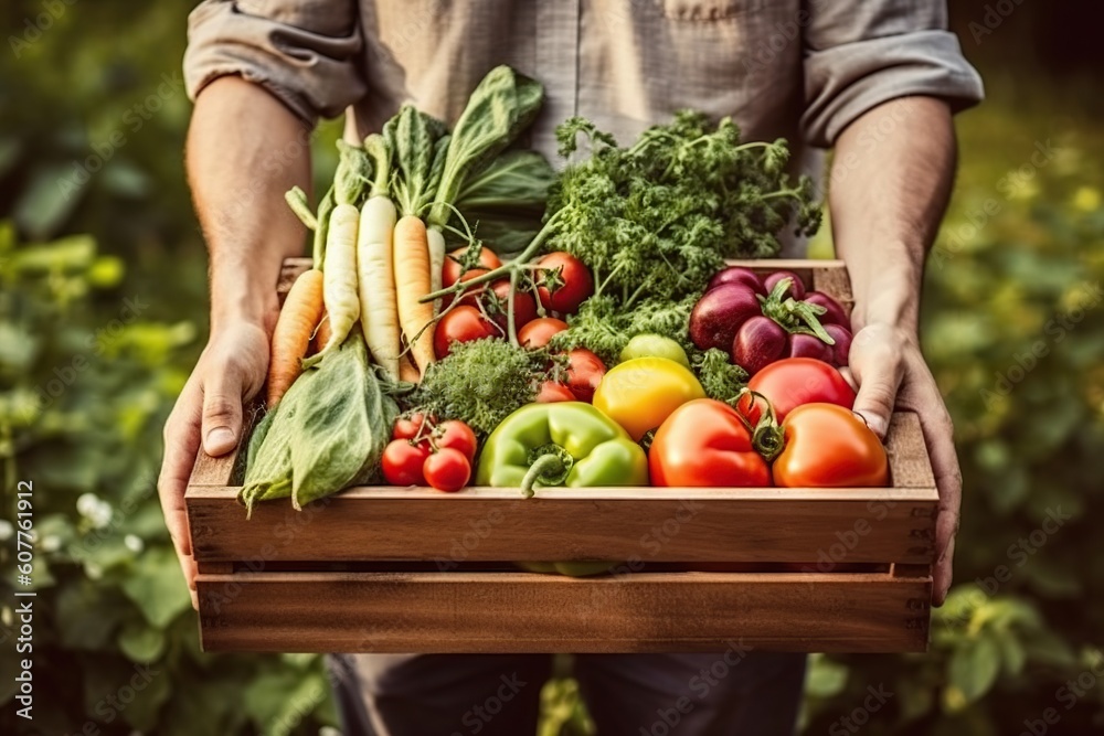Organic vegetables and healthy lifestyle concept. Male organic farmer standing in a vegetable field holding a wooden box of beautiful freshly picked vegetables,  generative ai, - obrazy, fototapety, plakaty 