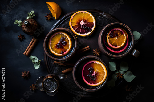 Three cups of christmas mulled wine or gluhwein with spices and orange slices . Generative AI