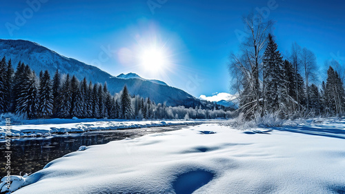 winter landscape with deep blue sky. Generative Ai
