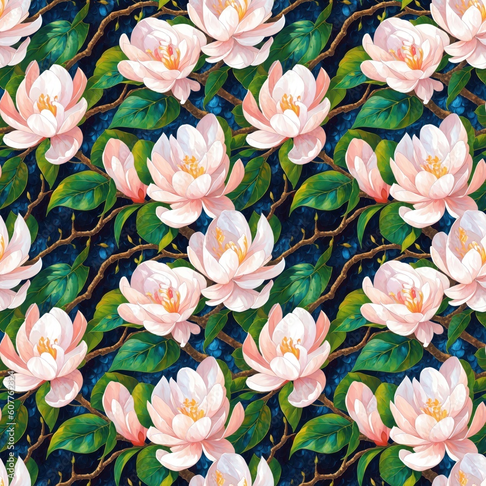 Seamless floral pattern with magnolia flowers, tileable, Generative AI