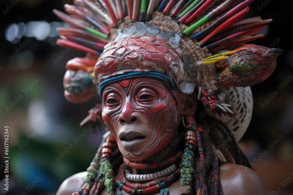 close-up of alien's face, with its distinctive features and skin colors on display, while it wears festive headdress and dances during festival, created with generative ai