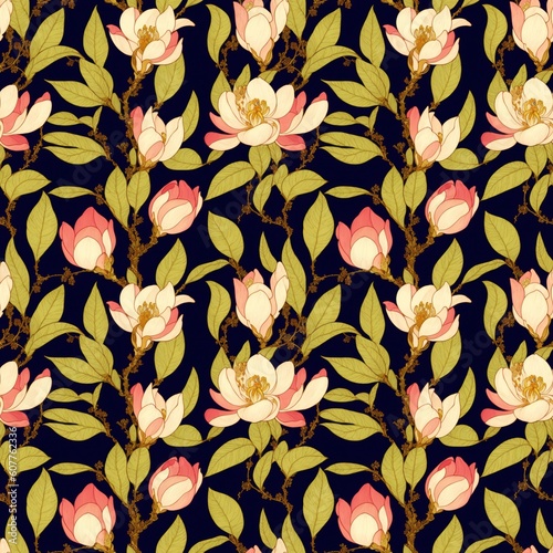 Seamless floral pattern with magnolia flowers, tileable, Generative AI