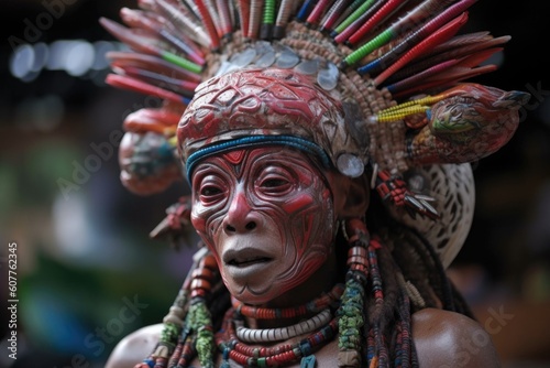 close-up of alien's face, with its distinctive features and skin colors on display, while it wears festive headdress and dances during festival, created with generative ai © Alfazet Chronicles