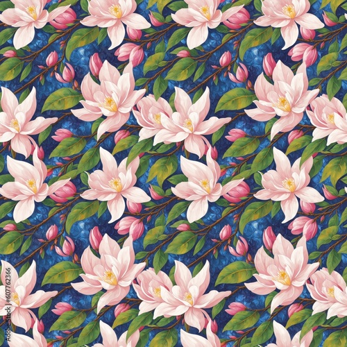 Seamless floral pattern with magnolia flowers, tileable, Generative AI