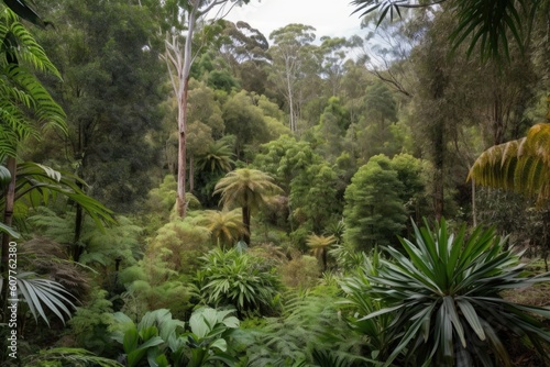 rainforest with towering trees and lush greenery  surrounded by drought-tolerant native plants  created with generative ai