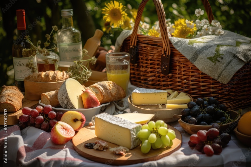picnic setup with delicious picnic basket full of fruits and cheeses, created with generative ai picnic setup with delicious picnic basket full of fruits and cheeses, created with generative ai