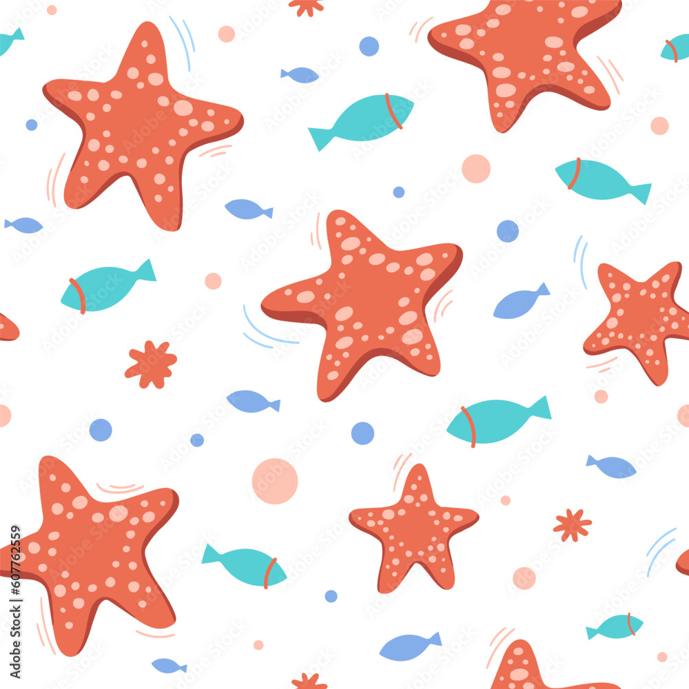 Seamless pattern with red starfishes and turquoise fishes on light background. Cartoon sea animal, inhabitant of seabed. Exotic ocean creature. Fauna of tropical sea. Flat vector illustration. Seamless pattern with red starfishes and turquoise fishes on light background. Cartoon sea animal, inhabitant of seabed. Exotic ocean creature. Fauna of tropical sea. Flat vector illustration.