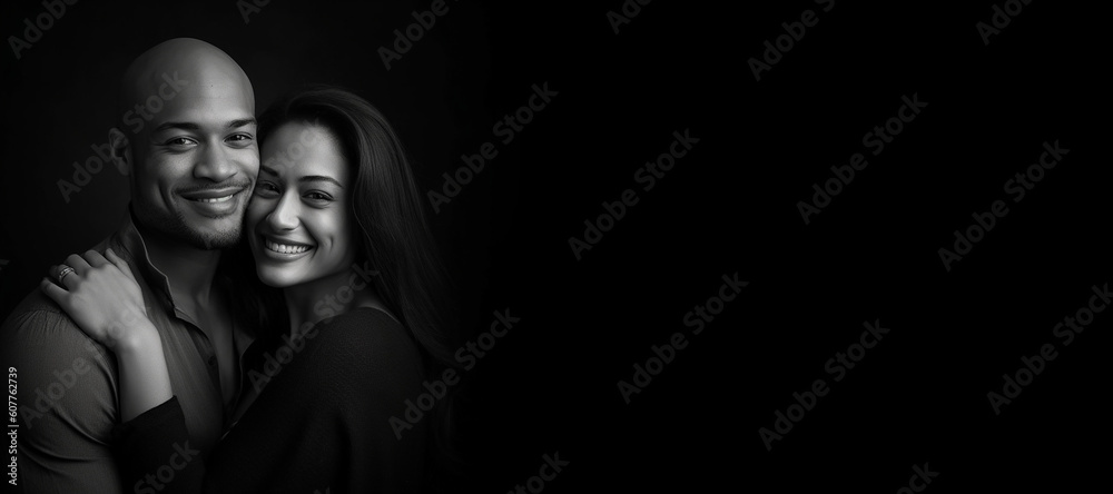 Black and white photorealistic studio portrait of a happy loving couple on black background. Generative AI illustration