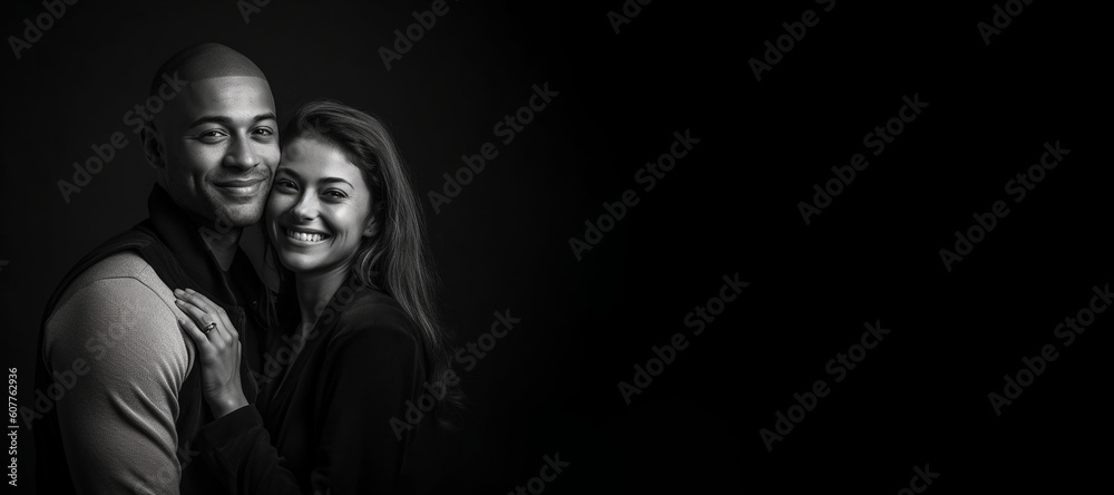 Black and white photorealistic studio portrait of a happy loving couple on black background. Generative AI illustration Black and white photorealistic studio portrait of a happy loving couple on black background. Generative AI illustration