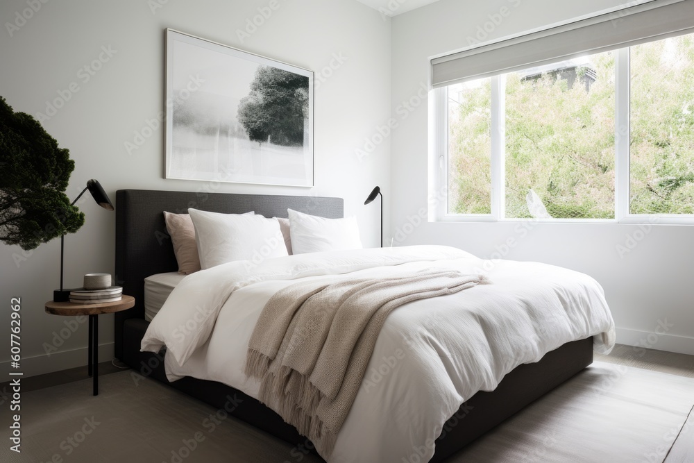 serene bedroom, with minimalist decor and tidy bedding, created with generative ai